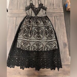 Black and Tan Lace Midi Dress
